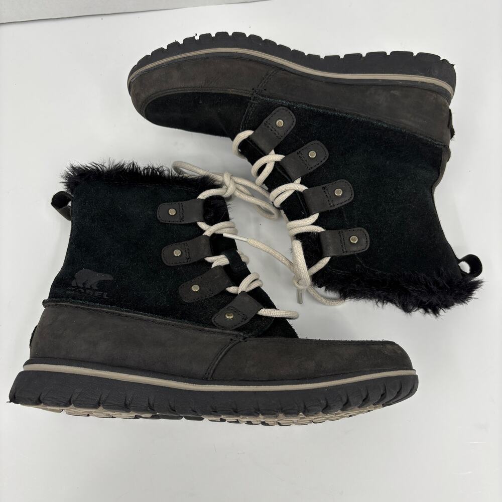 Sorel Cozy Joan Boots Size 7.5 Black Leather Nubuck Faux Fur Lace Up Waterproof - Picture 3 of 10